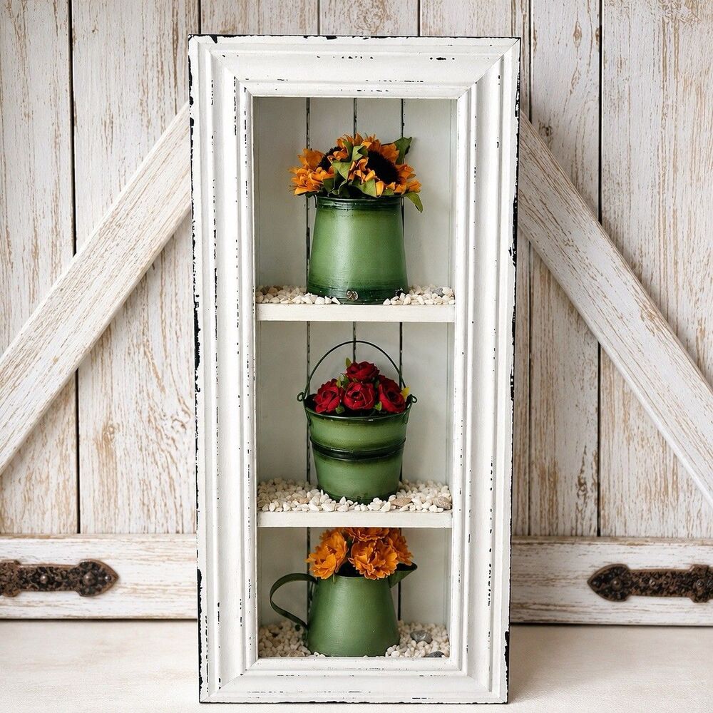 Rustic Farmhouse Shadow Box Floral Display Distressed White Wall Decor 15"